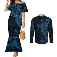 Black Blue Polynesian Tribal Couples Matching Mermaid Dress and Long Sleeve Button Shirt LT9 Blue - Polynesian Pride