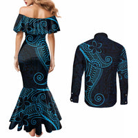 Black Blue Polynesian Tribal Couples Matching Mermaid Dress and Long Sleeve Button Shirt LT9 - Polynesian Pride