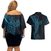 Black Blue Polynesian Tribal Couples Matching Off Shoulder Short Dress and Hawaiian Shirt LT9 - Polynesian Pride