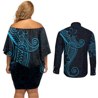 Black Blue Polynesian Tribal Couples Matching Off Shoulder Short Dress and Long Sleeve Button Shirt LT9 - Polynesian Pride