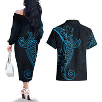 Black Blue Polynesian Tribal Couples Matching Off The Shoulder Long Sleeve Dress and Hawaiian Shirt LT9 - Polynesian Pride