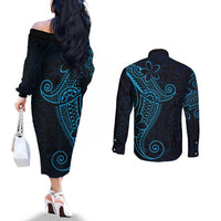 Black Blue Polynesian Tribal Couples Matching Off The Shoulder Long Sleeve Dress and Long Sleeve Button Shirt LT9 - Polynesian Pride