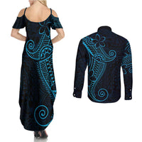 Black Blue Polynesian Tribal Couples Matching Summer Maxi Dress and Long Sleeve Button Shirt LT9 - Polynesian Pride