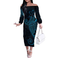 Black Blue Polynesian Tribal Family Matching Off The Shoulder Long Sleeve Dress and Hawaiian Shirt - Polynesian Pride