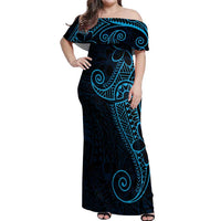 Black Blue Polynesian Tribal Off Shoulder Maxi Dress - Polynesian Pride