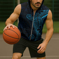 Black Blue Polynesian Tribal Sleeveless Zip Hoodie - Polynesian Pride