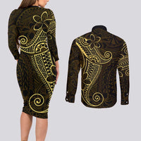 Black Gold Polynesian Tribal Couples Matching Long Sleeve Bodycon Dress and Long Sleeve Button Shirt LT9 - Polynesian Pride