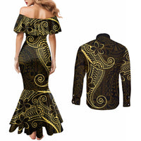 Black Gold Polynesian Tribal Couples Matching Mermaid Dress and Long Sleeve Button Shirt LT9 - Polynesian Pride