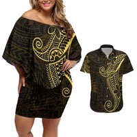 Black Gold Polynesian Tribal Couples Matching Off Shoulder Short Dress and Hawaiian Shirt LT9 Gold - Polynesian Pride