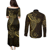 Black Gold Polynesian Tribal Couples Matching Puletasi and Long Sleeve Button Shirt LT9 - Polynesian Pride