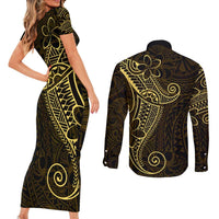 Black Gold Polynesian Tribal Couples Matching Short Sleeve Bodycon Dress and Long Sleeve Button Shirt LT9 - Polynesian Pride