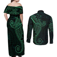 Black Green Polynesian Tribal Couples Matching Off Shoulder Maxi Dress and Long Sleeve Button Shirt LT9 - Polynesian Pride