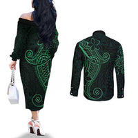 Black Green Polynesian Tribal Couples Matching Off The Shoulder Long Sleeve Dress and Long Sleeve Button Shirt - Polynesian Pride