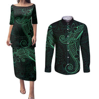 Black Green Polynesian Tribal Couples Matching Puletasi and Long Sleeve Button Shirt LT9 Green - Polynesian Pride