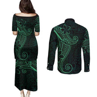 Black Green Polynesian Tribal Couples Matching Puletasi and Long Sleeve Button Shirt LT9 - Polynesian Pride