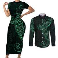 Black Green Polynesian Tribal Couples Matching Short Sleeve Bodycon Dress and Long Sleeve Button Shirt LT9 Green - Polynesian Pride