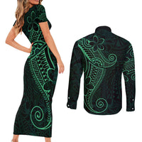 Black Green Polynesian Tribal Couples Matching Short Sleeve Bodycon Dress and Long Sleeve Button Shirt LT9 - Polynesian Pride