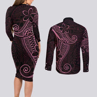 Black Pink Polynesian Tribal Couples Matching Long Sleeve Bodycon Dress and Long Sleeve Button Shirt LT9 - Polynesian Pride