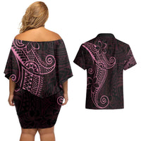 Black Pink Polynesian Tribal Couples Matching Off Shoulder Short Dress and Hawaiian Shirt LT9 - Polynesian Pride
