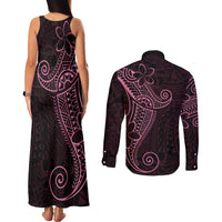 Black Pink Polynesian Tribal Couples Matching Tank Maxi Dress and Long Sleeve Button Shirt LT9 - Polynesian Pride