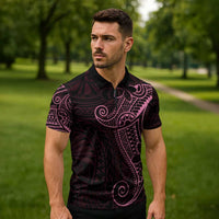 Black Pink Polynesian Tribal Zipper Polo Shirt LT9 - Polynesian Pride