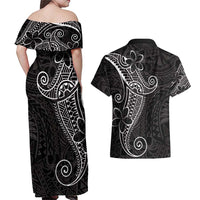 Black White Polynesian Tribal Couples Matching Off Shoulder Maxi Dress and Hawaiian Shirt LT9 - Polynesian Pride