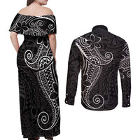 Black White Polynesian Tribal Couples Matching Off Shoulder Maxi Dress and Long Sleeve Button Shirt LT9 - Polynesian Pride