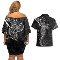 Black White Polynesian Tribal Couples Matching Off Shoulder Short Dress and Hawaiian Shirt LT9 - Polynesian Pride