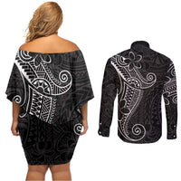 Black White Polynesian Tribal Couples Matching Off Shoulder Short Dress and Long Sleeve Button Shirt LT9 - Polynesian Pride