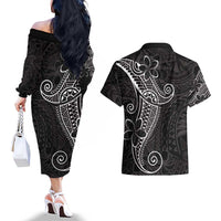 Black White Polynesian Tribal Couples Matching Off The Shoulder Long Sleeve Dress and Hawaiian Shirt LT9 - Polynesian Pride