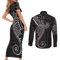 Black White Polynesian Tribal Couples Matching Short Sleeve Bodycon Dress and Long Sleeve Button Shirt LT9 - Polynesian Pride