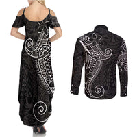 Black White Polynesian Tribal Couples Matching Summer Maxi Dress and Long Sleeve Button Shirt LT9 - Polynesian Pride