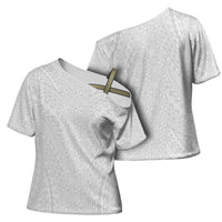 Lotu Tamaiti White Tongan Ngatu Cross Shoulder Shirt Polynesian Tribal Fonulei Pattern LT9 - Polynesian Pride