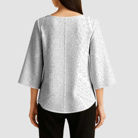 Lotu Tamaiti White Tongan Ngatu Kimono Sleeve Blouse Polynesian Tribal Fonulei Pattern LT9 - Polynesian Pride