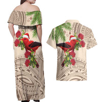 Christmas Hawaii with I'iwi Bird Couples Matching Off Shoulder Maxi Dress and Hawaiian Shirt Aloha Mele Kalikimaka - Beige Art