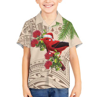 Christmas Hawaii with I'iwi Bird Kid Hawaiian Shirt Aloha Mele Kalikimaka - Beige Art LT9 Kid Beige - Polynesian Pride