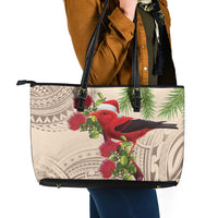 Christmas Hawaii with I'iwi Bird Leather Tote Bag Aloha Mele Kalikimaka - Beige Art LT9 - Polynesian Pride
