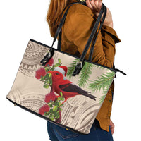 Christmas Hawaii with I'iwi Bird Leather Tote Bag Aloha Mele Kalikimaka - Beige Art LT9 - Polynesian Pride