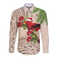 Christmas Hawaii with I'iwi Bird Long Sleeve Button Shirt Aloha Mele Kalikimaka - Beige Art LT9 Unisex Beige - Polynesian Pride