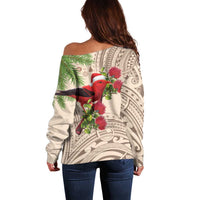 Christmas Hawaii with I'iwi Bird Off Shoulder Sweater Aloha Mele Kalikimaka - Beige Art