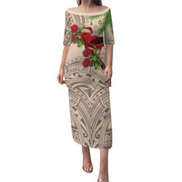 Christmas Hawaii with I'iwi Bird Puletasi Aloha Mele Kalikimaka - Beige Art LT9 Long Dress Beige - Polynesian Pride
