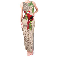 Christmas Hawaii with I'iwi Bird Tank Maxi Dress Aloha Mele Kalikimaka - Beige Art LT9 Women Beige - Polynesian Pride