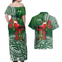 Christmas Hawaii with I'iwi Bird Couples Matching Off Shoulder Maxi Dress and Hawaiian Shirt Aloha Mele Kalikimaka - Green Art