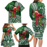 Christmas Hawaii with I'iwi Bird Family Matching Long Sleeve Bodycon Dress and Hawaiian Shirt Aloha Mele Kalikimaka - Green Art