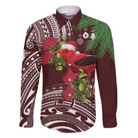 Christmas Hawaii with I'iwi Bird Family Matching Off The Shoulder Long Sleeve Dress and Hawaiian Shirt Aloha Mele Kalikimaka - Oxblood Art