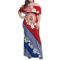 French Polynesia Family Matching Off Shoulder Maxi Dress and Hawaiian Shirt Tahitian Tiare Flowers Tribal