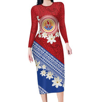 French Polynesia Long Sleeve Bodycon Dress Tahitian Tiare Flowers Tribal
