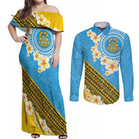 Tuvalu Plumeria Flowers Couples Matching Off Shoulder Maxi Dress and Long Sleeve Button Shirt Polynesian Tribal Pattern LT9 Blue - Polynesian Pride