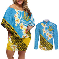 Tuvalu Plumeria Flowers Couples Matching Off Shoulder Short Dress and Long Sleeve Button Shirt Polynesian Tribal Pattern LT9 Blue - Polynesian Pride