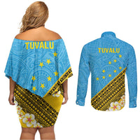 Tuvalu Plumeria Flowers Couples Matching Off Shoulder Short Dress and Long Sleeve Button Shirt Polynesian Tribal Pattern LT9 - Polynesian Pride